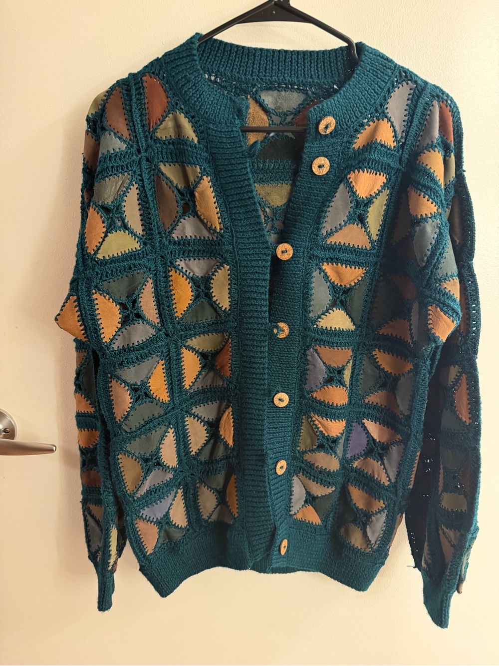 Vintage Crocheted Genuine Leather Patchwork Cardigan | Hand Knit One-of-a-kind - Picture 3 of 9